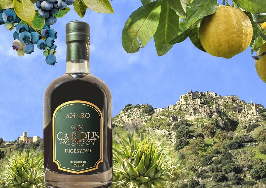 Bottiglia di amaro digestivo Cardus di Patea con etichetta verde e oro tra mirtilli, limoni e borgo in rovina su una collina